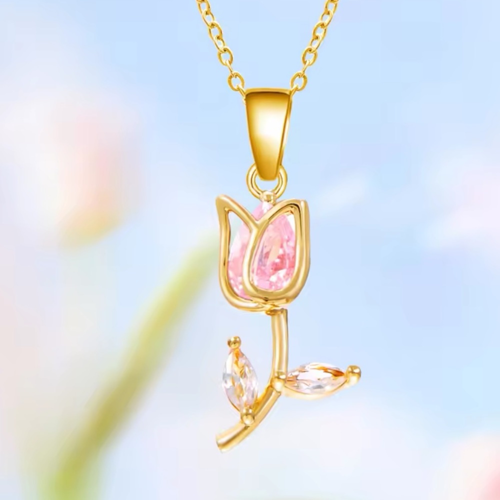 Gold Filled Pink Cubic Zirconia Tulip Necklace